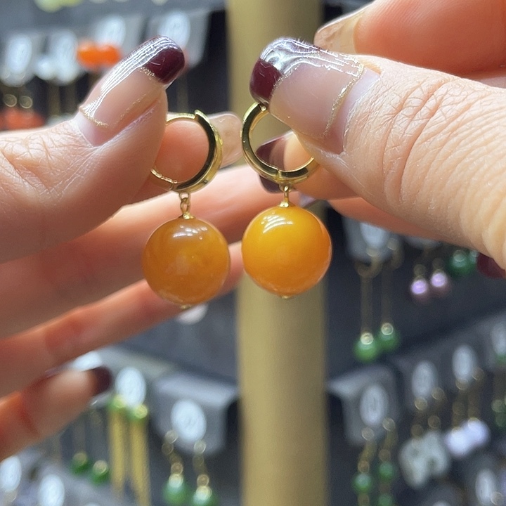 蜜蜡耳饰银S925镀金镶嵌耳饰