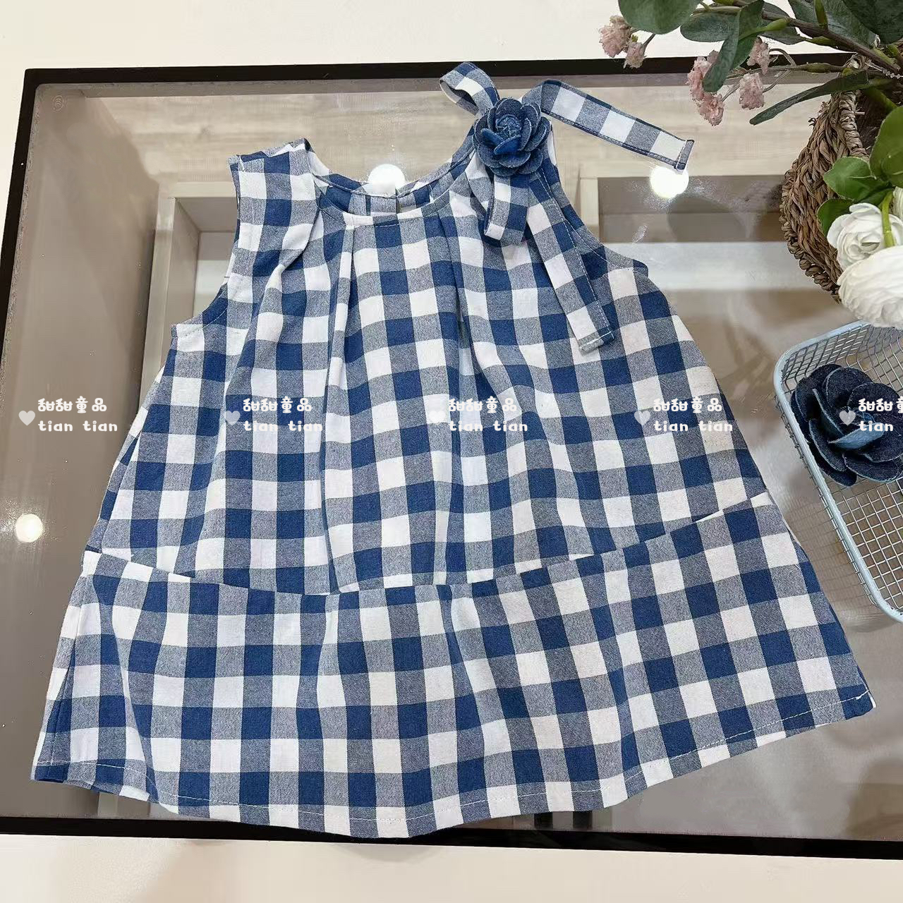 【甜甜baby】2025夏季新品女童格子洋气小可爱背心裙女宝宝玫瑰花裙