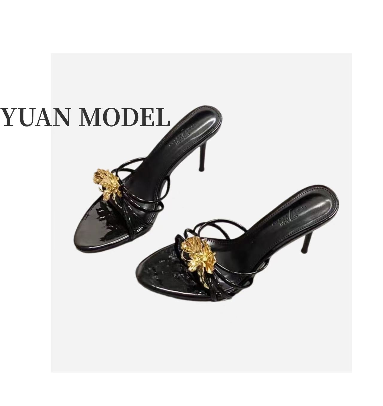 【YUAN MODEL】媛老板-2025夏季时装金色花朵高跟鞋女鞋凉鞋050565