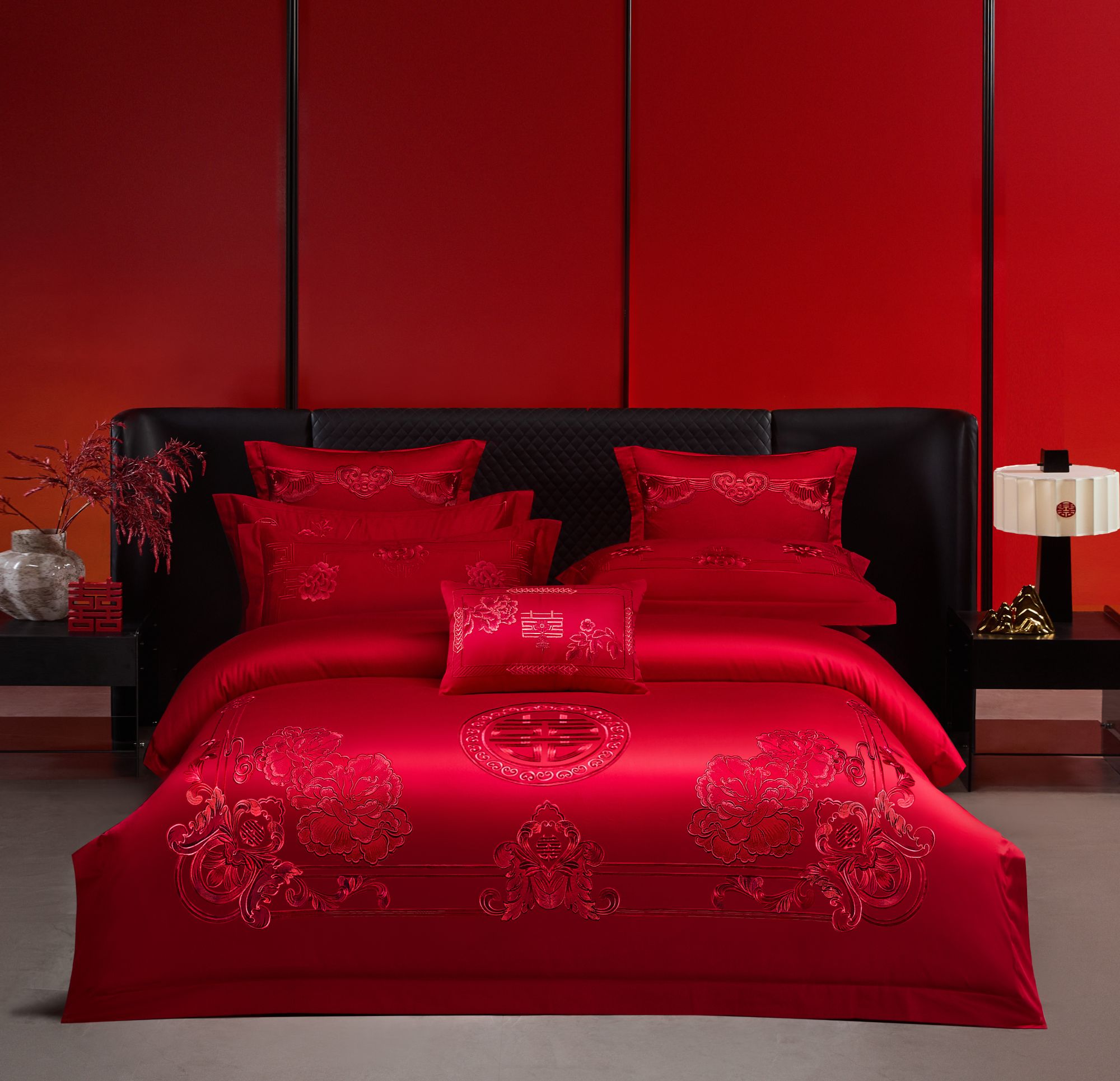 尹黛尔【锦绣未央】大红色立体浮雕刺绣婚庆四件套婚房床上用品喜庆