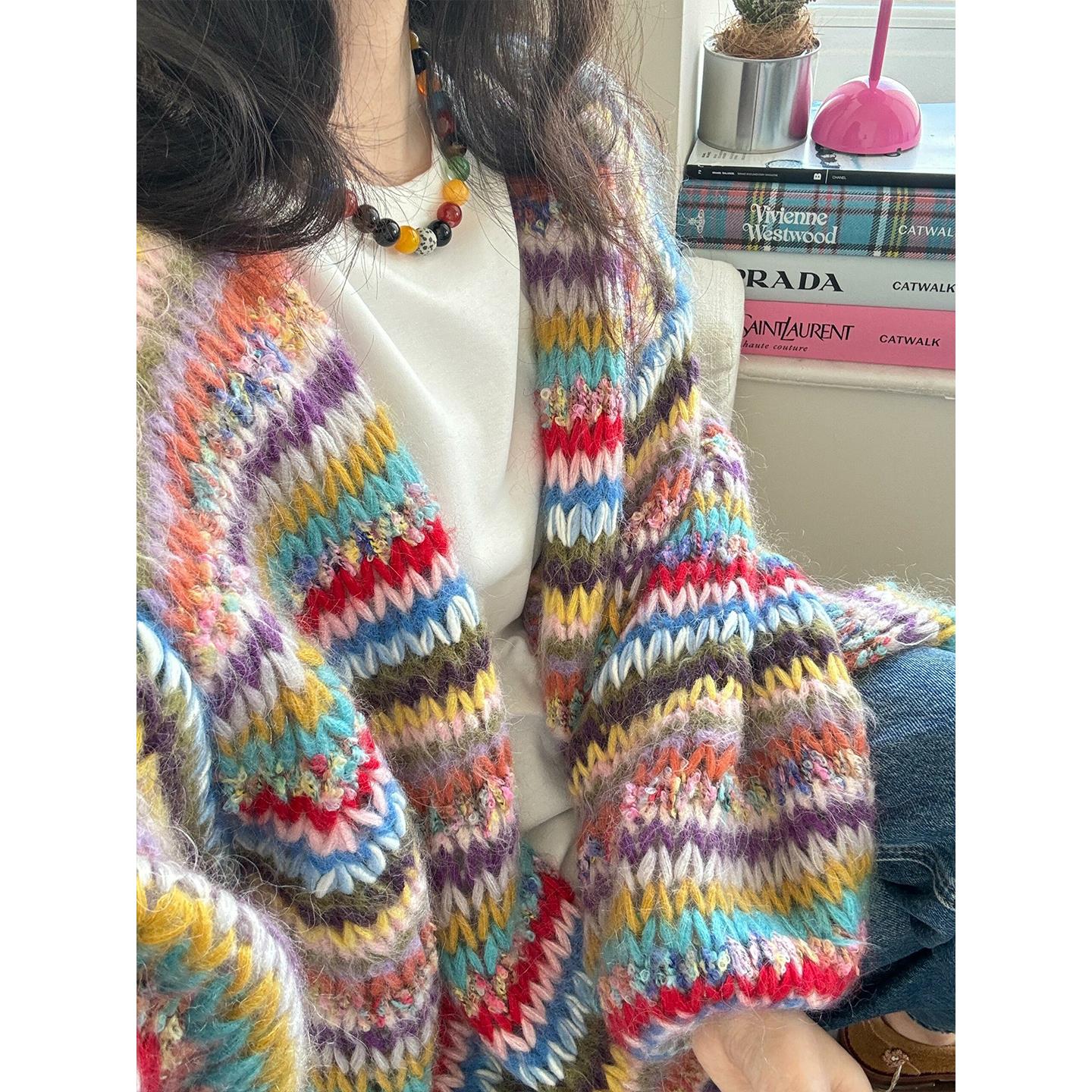 法式撞色条纹针织开衫外套女2025秋季新款独特超好看漂亮长袖毛衣