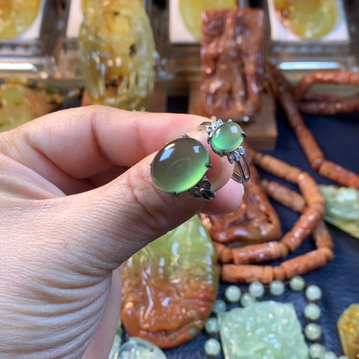 【闪购商品】蛇纹石玉戒指银S925镶嵌