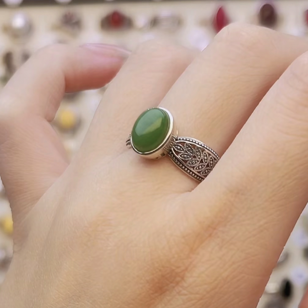 s925通体银镶嵌和田玉碧玉复古文艺民族风宝石戒可调节