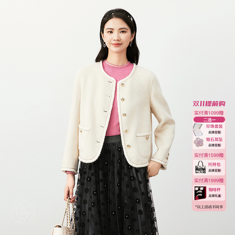 珂莱蒂尔冬季气质香风女法式优雅圆领通勤短款羊毛呢外套