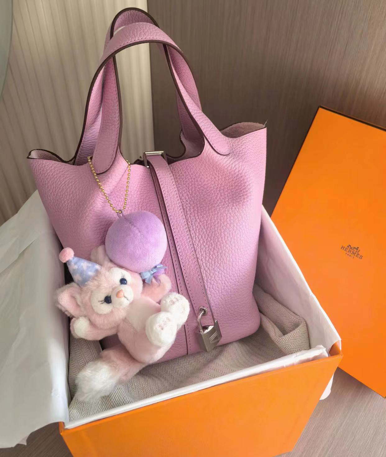 99新 Hermes/爱马仕 锦葵紫银扣菜篮子包18  14087021