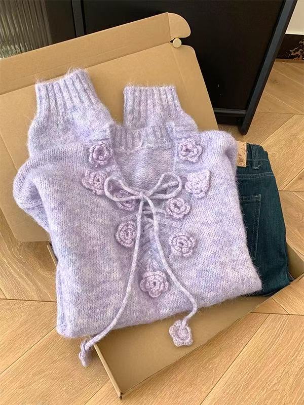 紫色立体花朵针织衫上衣女2025年新款巨好看的早秋穿搭慵懒风毛衣