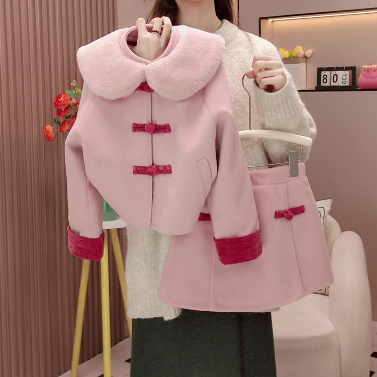 2025新款新中式千金女童套装秋冬款小香风儿童毛呢外套短裙两件套