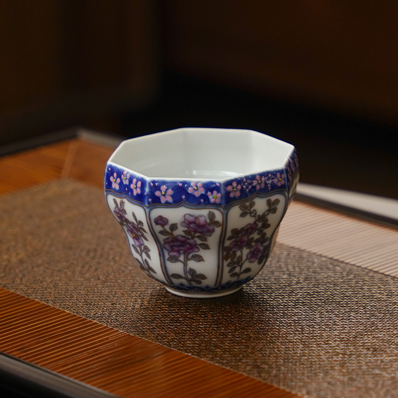 【伴斤茶舍】青樵轩折枝八方杯描金手工手绘翠竹青花瓷白瓷复古梅花
