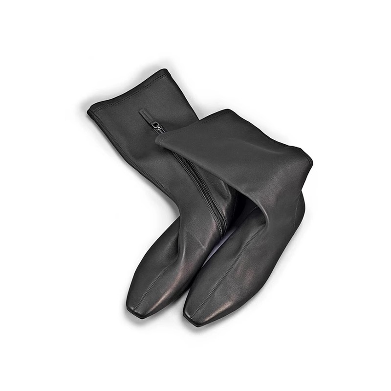 牛皮版~秋冬新款方头平底侧拉链高筒不过膝长靴显瘦弹力瘦瘦靴女