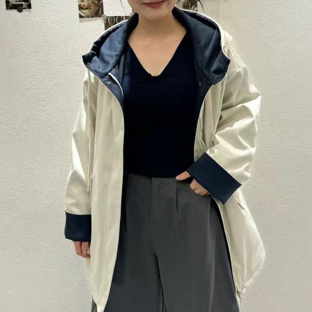 扣号～新款韩系撞色风衣外套女百搭气质连帽大衣宽松休闲上衣潮