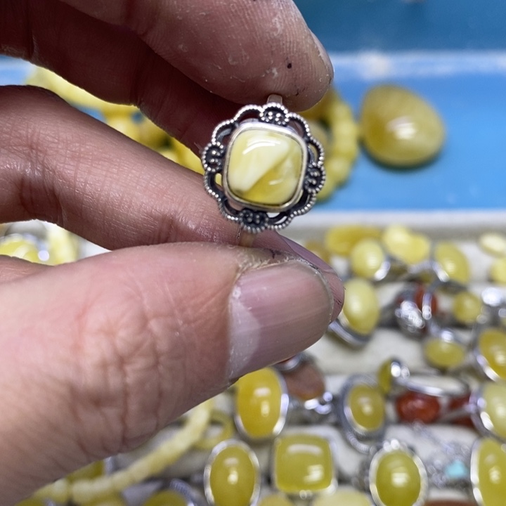 蜜蜡裸石银S925镶嵌戒指