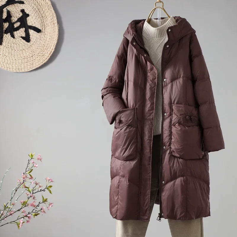 2025款冬装复古盘扣白鸭绒连帽羽绒服显瘦宽松加厚气质外套
