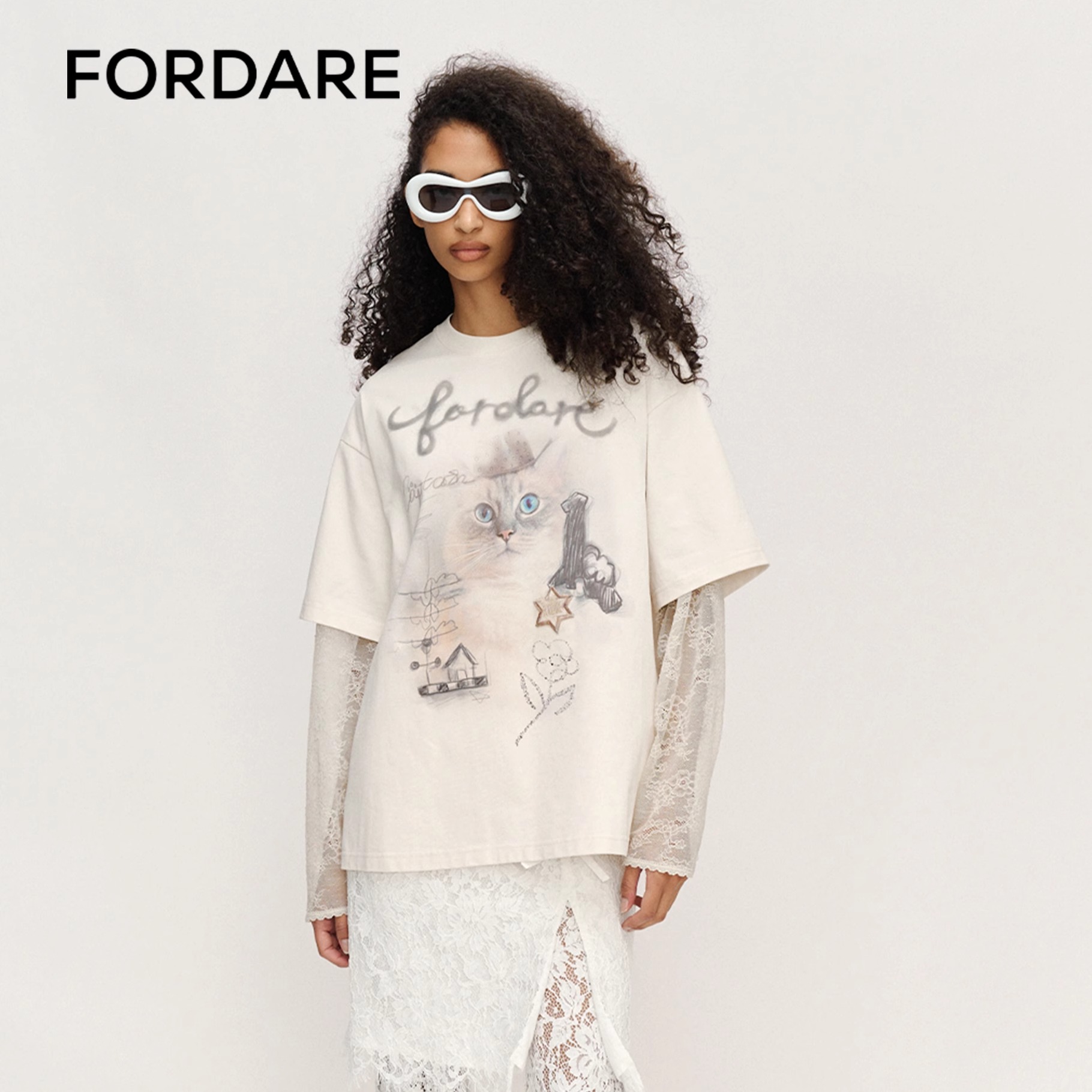 FORDARE猫猫警长涂鸦假两件长袖T