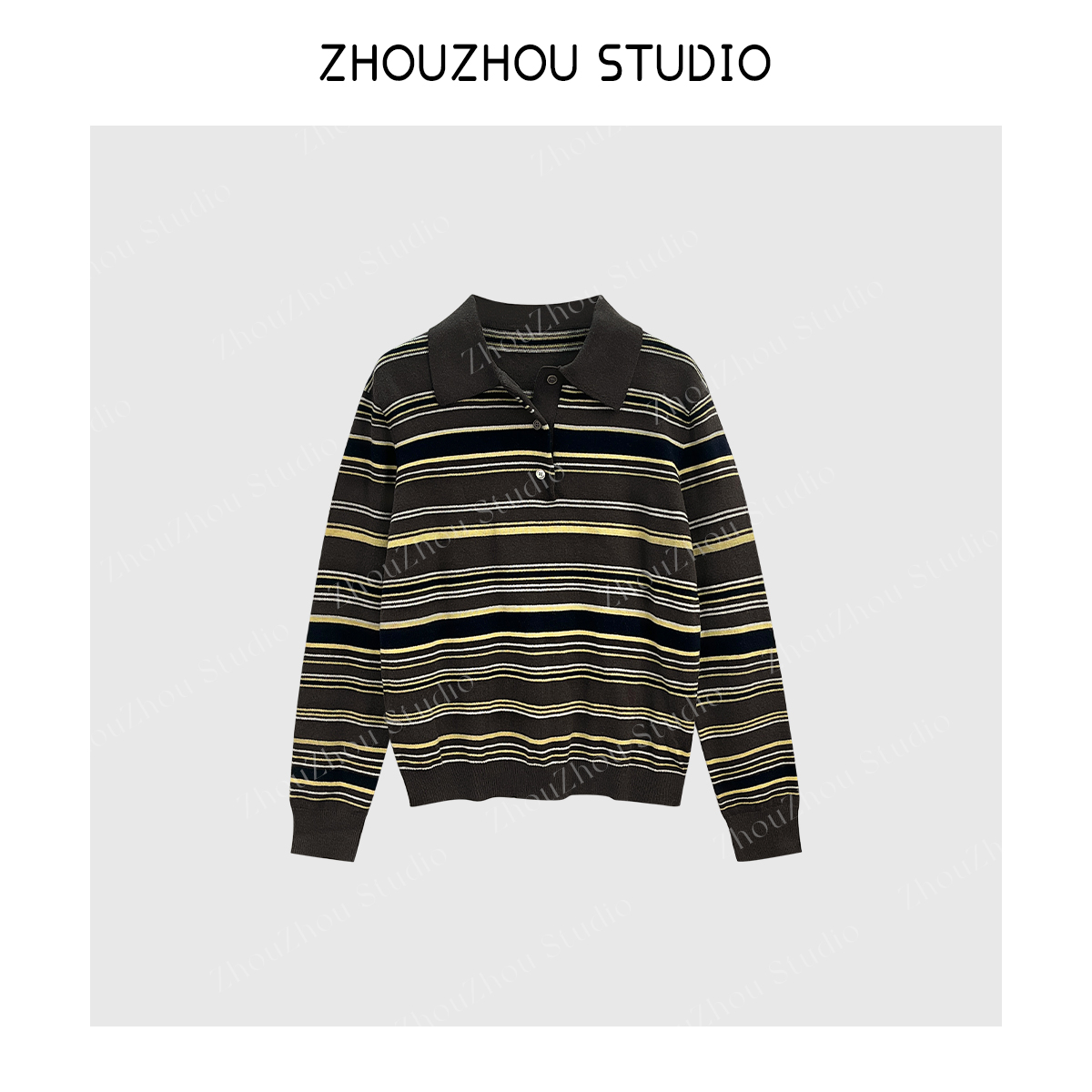 ZhouZhou25秋冬新品条纹长袖polo衫打底女洋气减龄羊毛针织衫