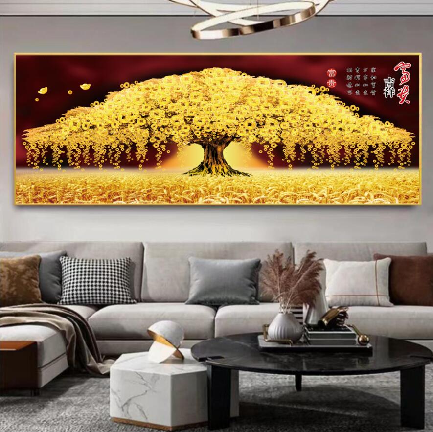   （发财树吉祥如意横幅画）客厅沙发背景墙办公室晶瓷晶钻装饰挂画