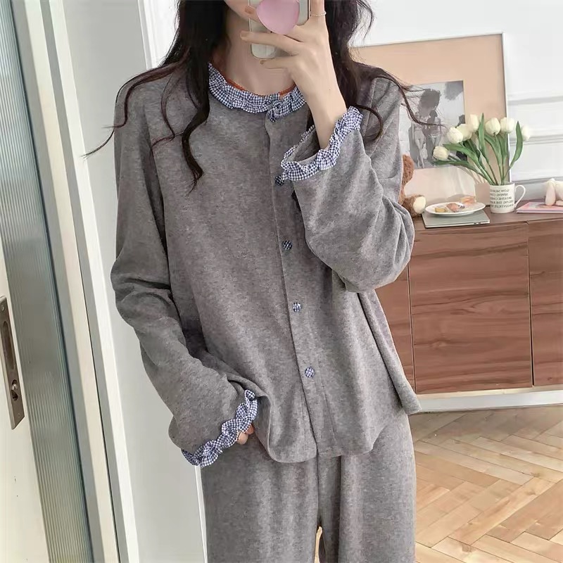 2025韩版甜美灰色荷叶边睡衣女秋冬加厚德绒长袖长裤家居服套装