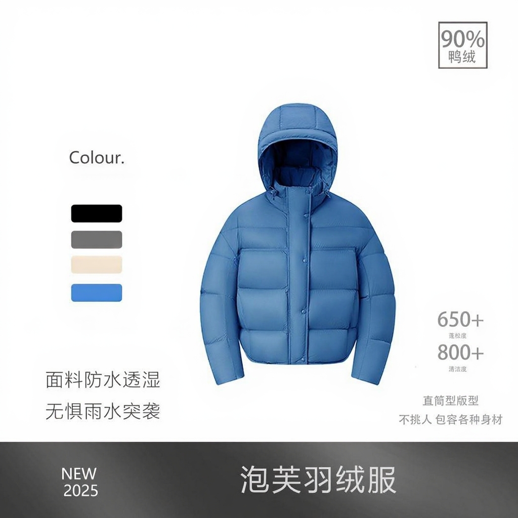 【90安心绒】新国标90白鸭绒龟背冬季加厚弯刀袖连帽短款泡芙羽绒服