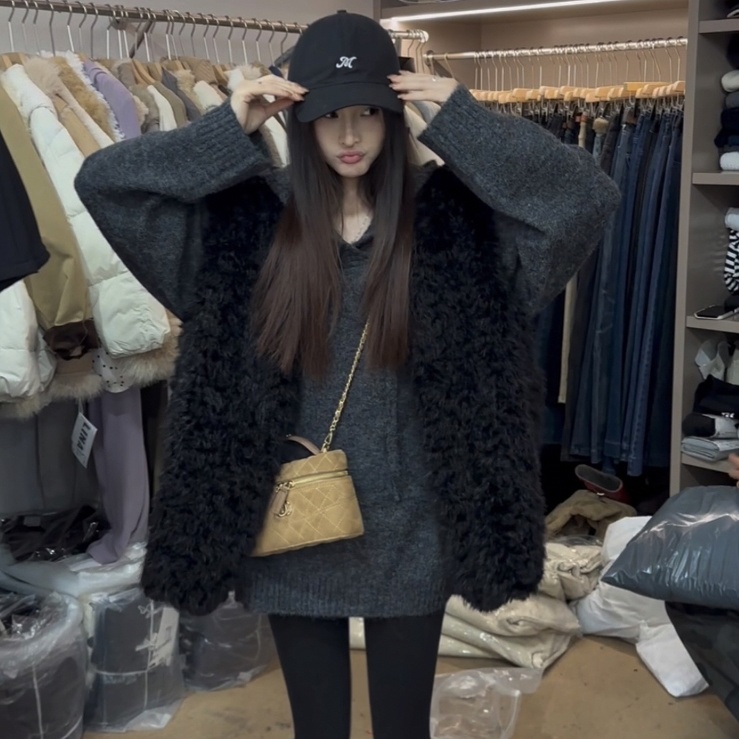 秋冬韩系宽松慵懒风气质洋带帽毛衣百搭