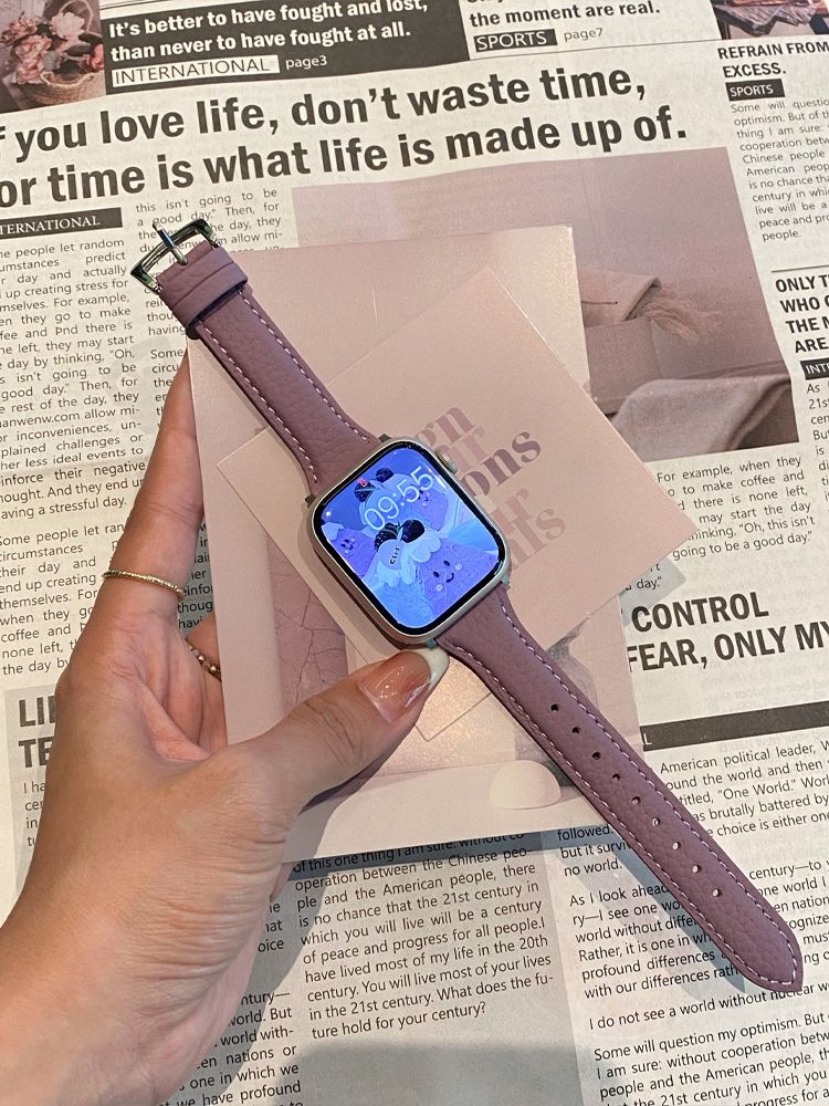 天时适用于iwatchS10代手表高颜值秋冬真皮荔枝纹表带女手表带