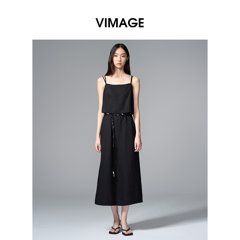 VIMAGE纬漫纪气质通勤显瘦收腰假两件黑色吊带连衣裙秋季V2407104