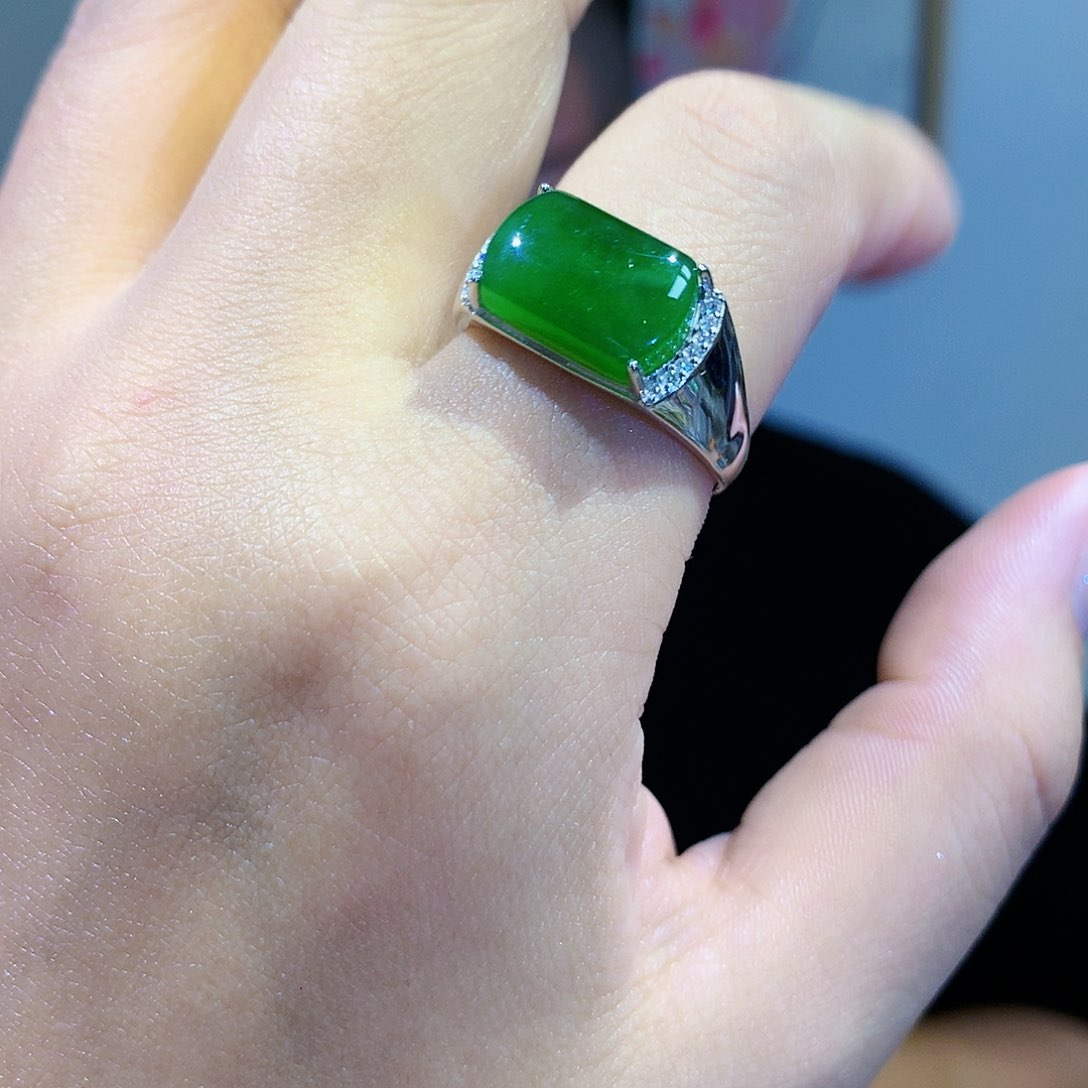 和田玉（碧玉）戒指银S925镀金镶嵌