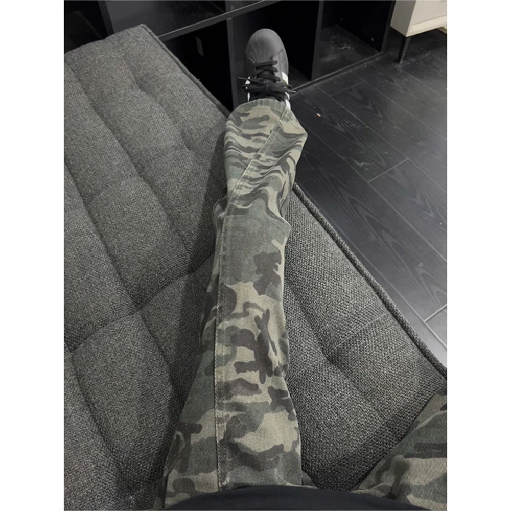 美式迷彩牛仔裤男秋季cleanfit复古街头伐木工装裤高街潮牌直筒裤