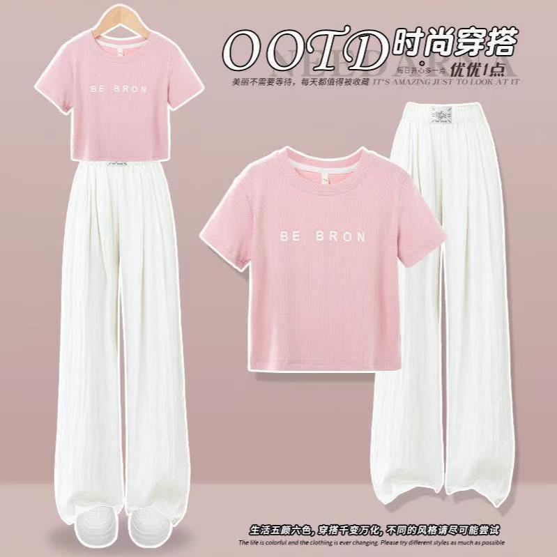 棉50%女童套装夏季新款多巴胺穿搭小女孩冰丝阔腿裤活泼休闲时髦