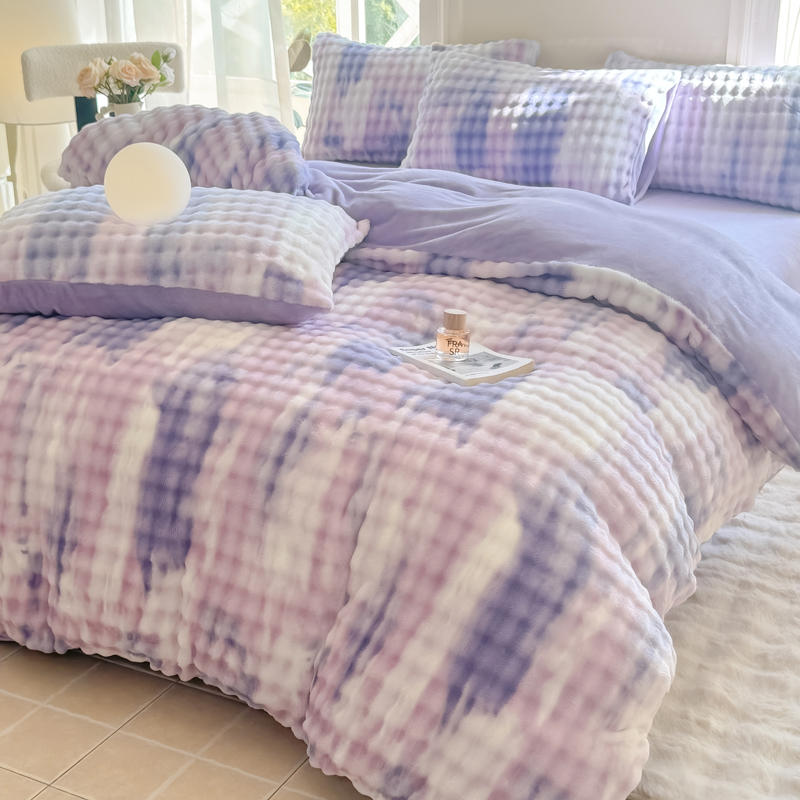 高端海宁绒四件套加厚托斯卡纳绒冬季床上用品-七彩-紫