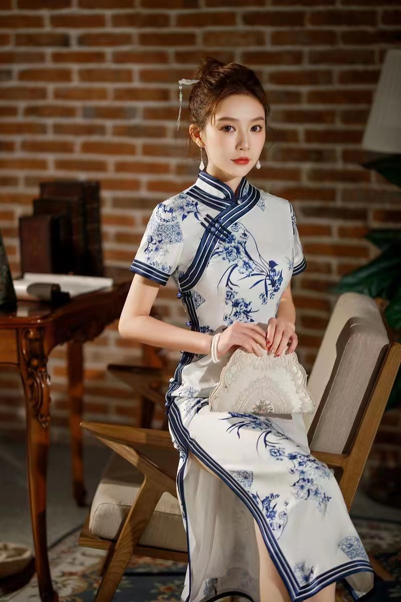 【国风青花瓷】中国风夏季复古中长款修身提花优雅旗袍日常走秀气质