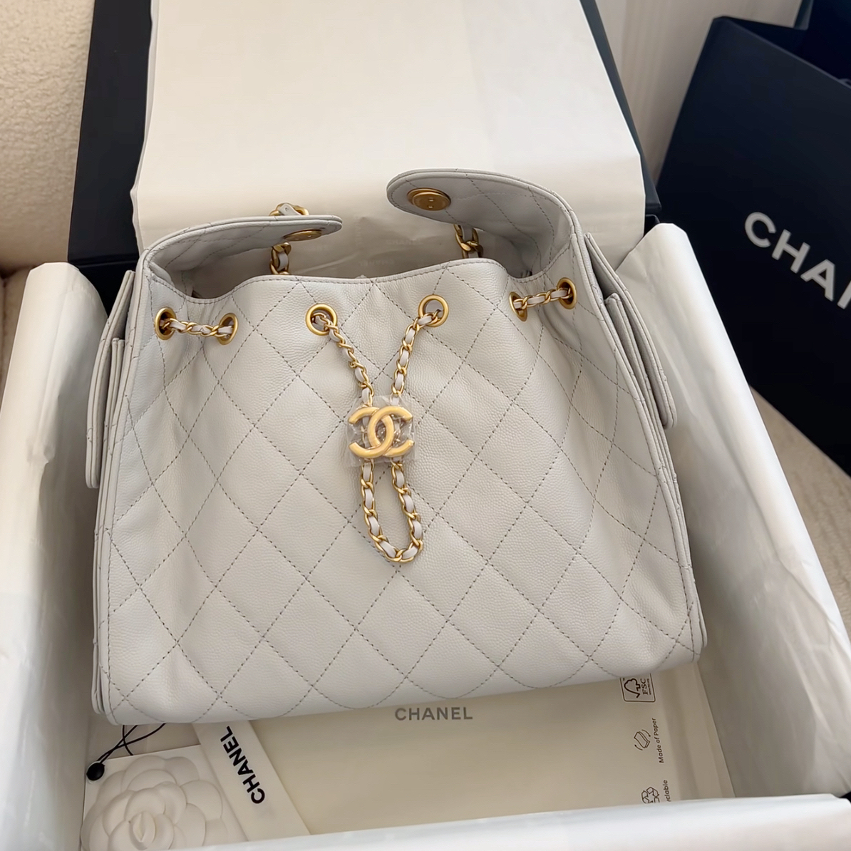 未使用 Chanel/香奈儿 多多奢品/香奈儿25bag灰色中号荔枝牛包