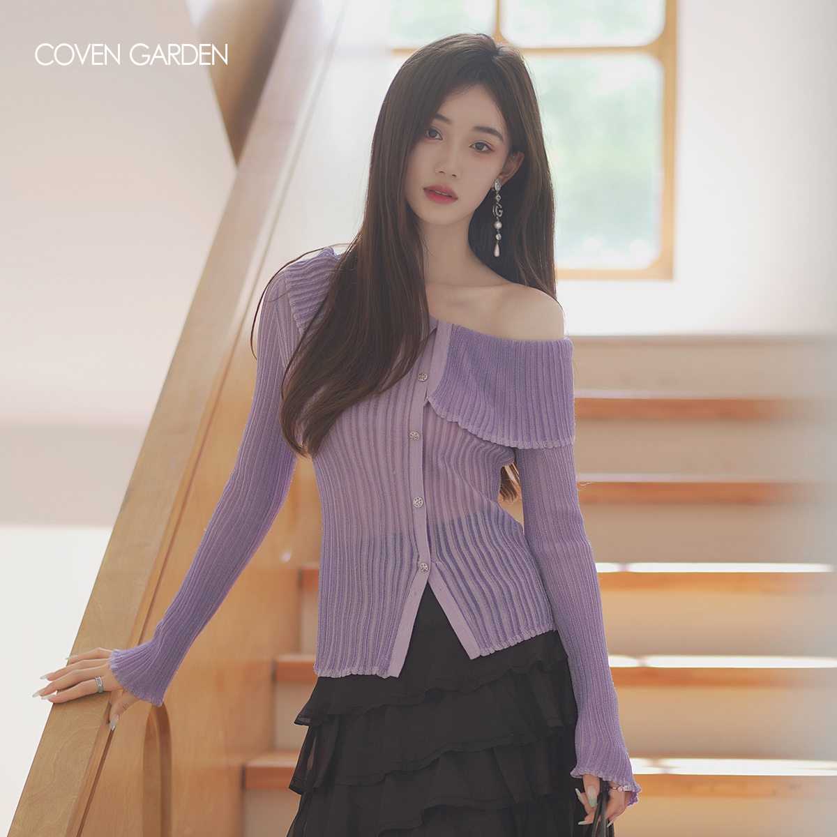 哥文花园坑条织法薄款毛针织衫女显瘦CTA3032210