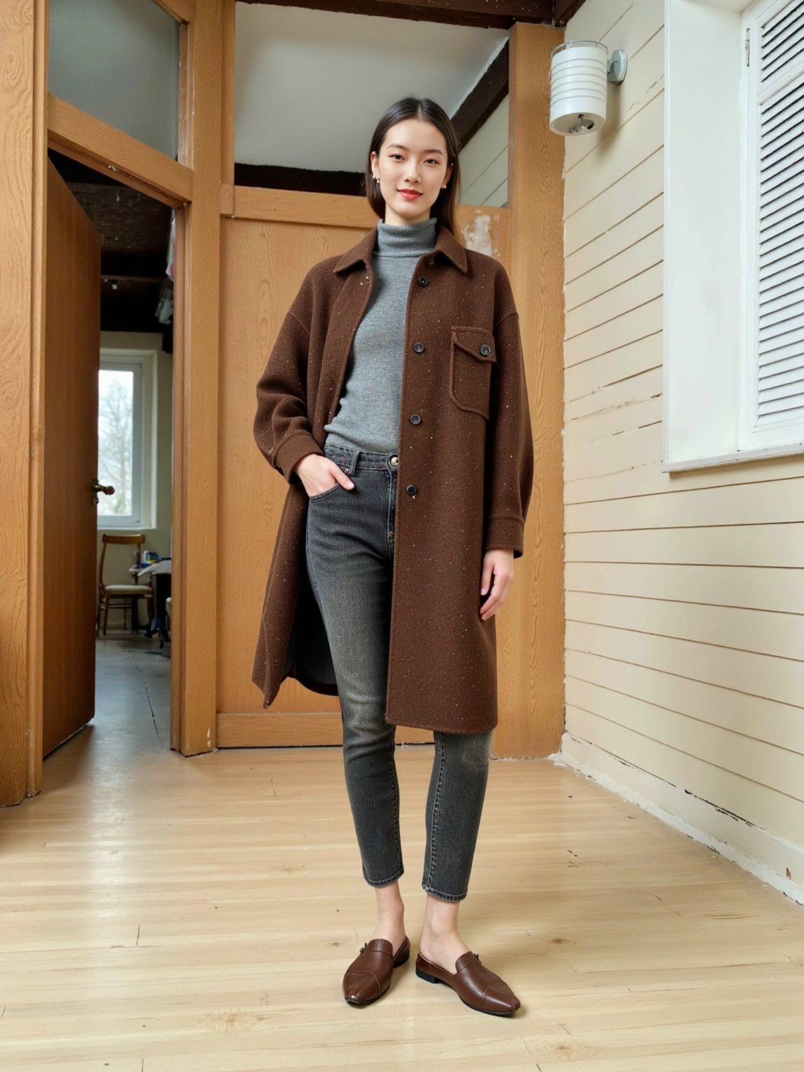 时尚百搭毛呢外套秋冬女装复古港风双面毛呢休闲宽松衬衫外套