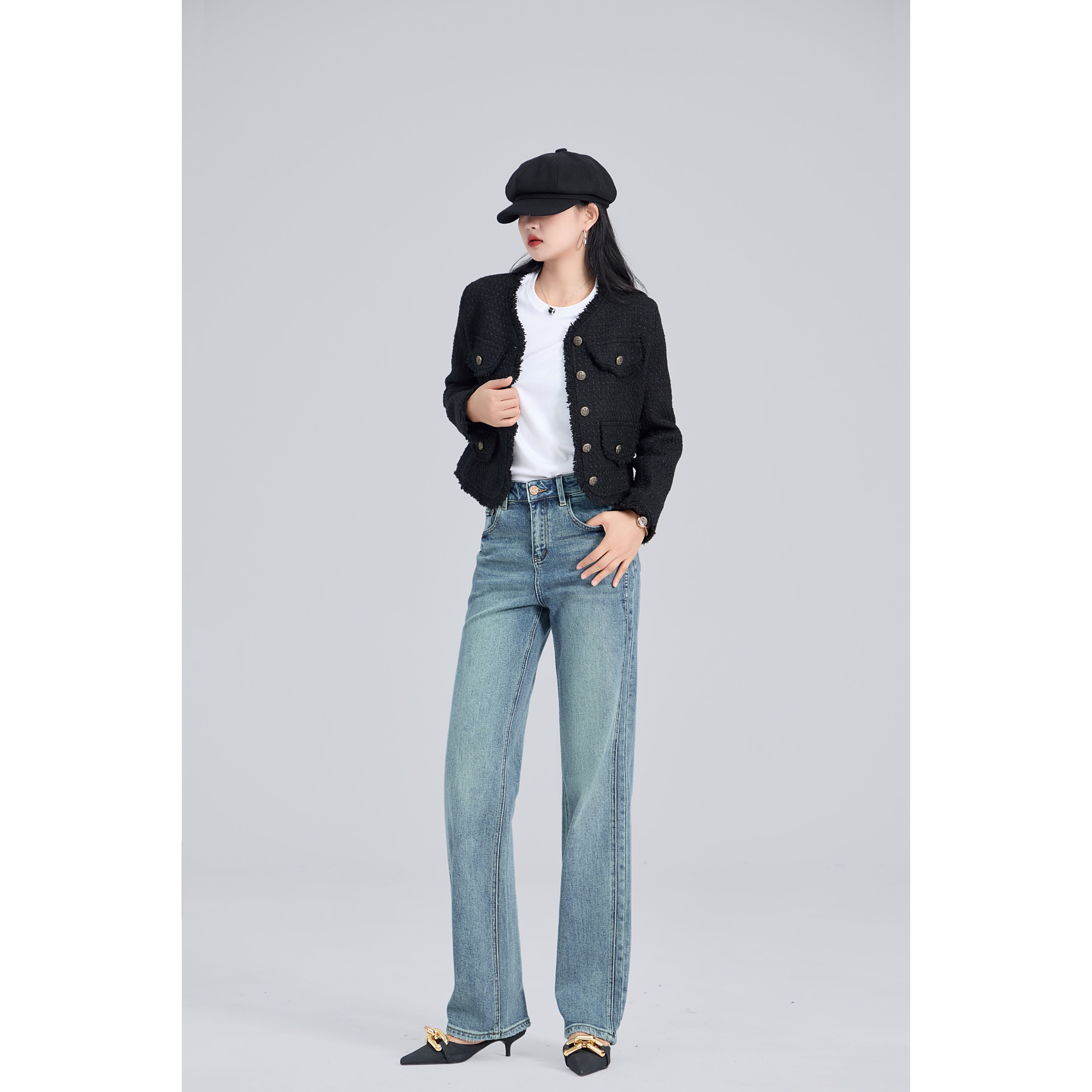 秋冬上新-欧美风高腰显瘦水洗直筒牛仔裤女休闲百搭微弹时尚