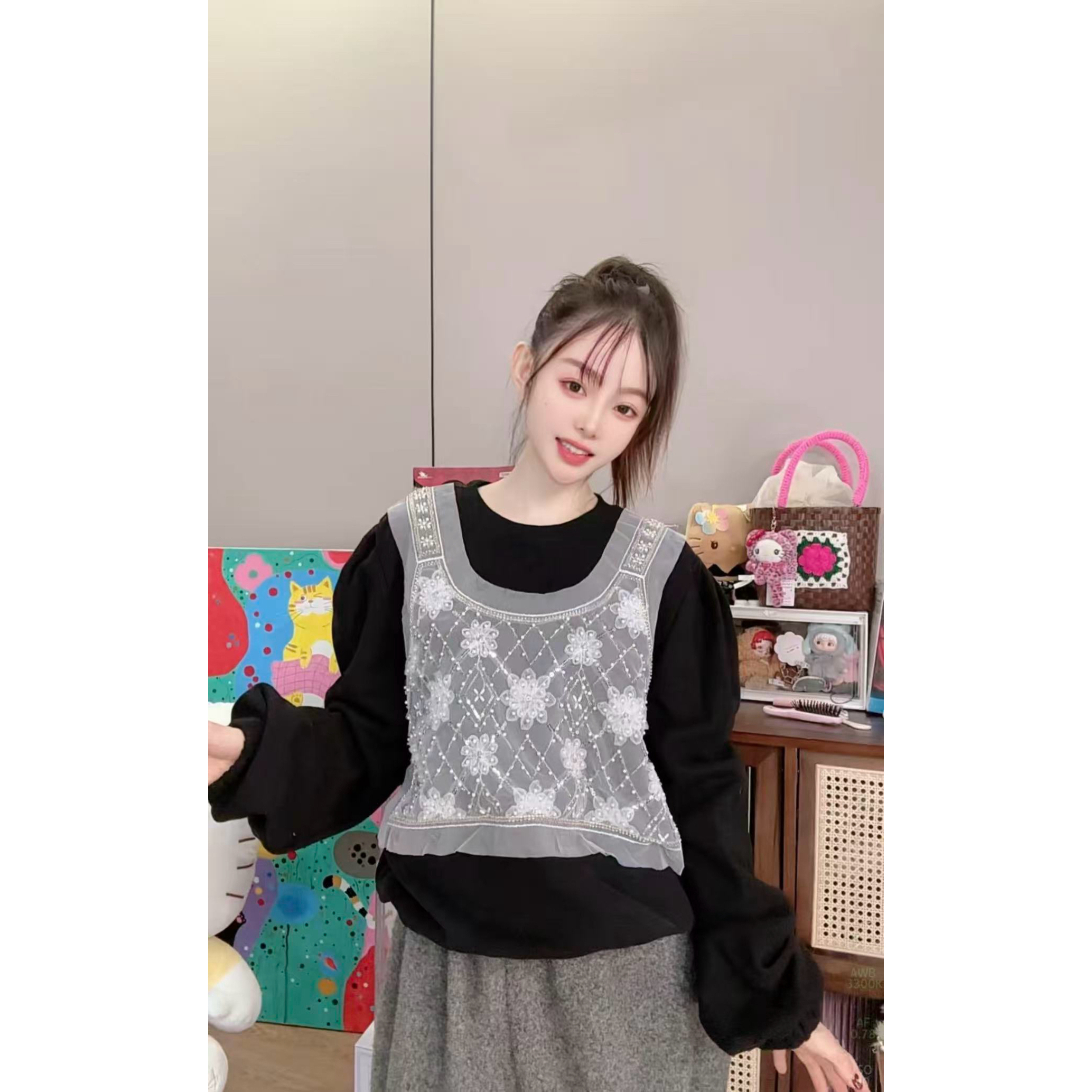 韩国INS时尚加绒拼接蕾丝背心卫衣