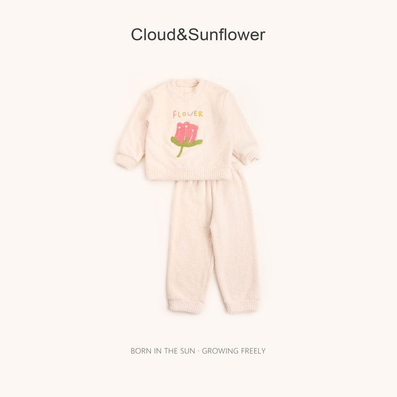 【云朵小葵】女童秋季新款半边绒小花休闲家居服4137