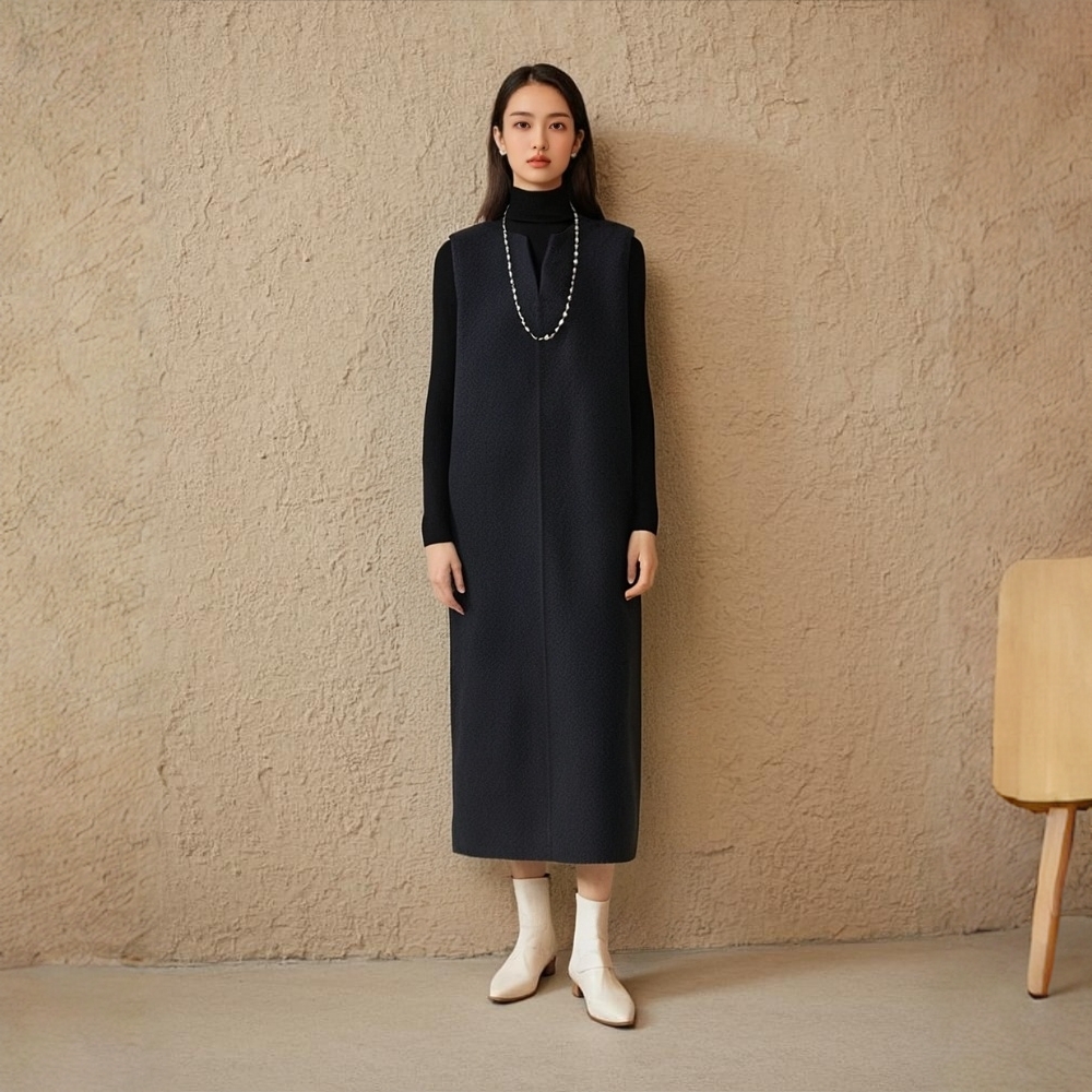 羊绒桑蚕丝秋冬宽松修身打底无袖连衣裙背心裙百搭长款