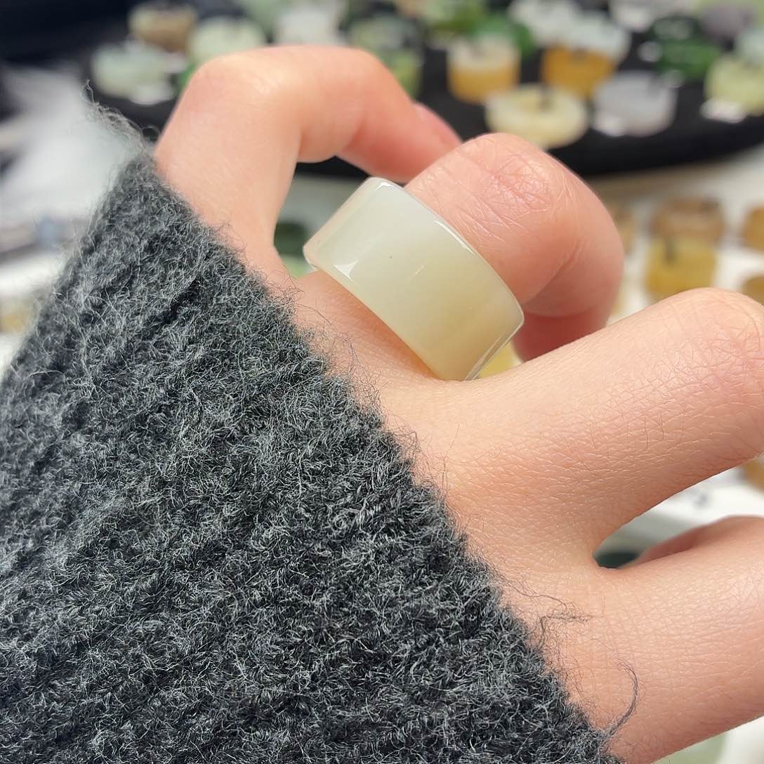 和田玉未镶嵌戒指S80糖白圆切17.3