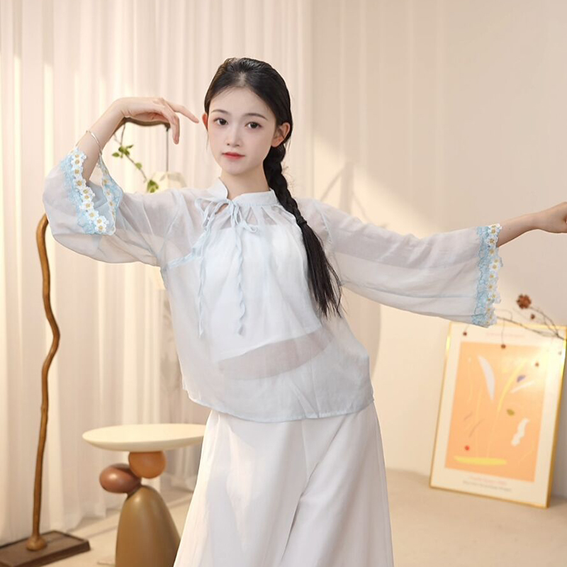 舞蹈服女宽松系带繁花袖古典舞练功飘逸纱衣中国现代舞形体演出服