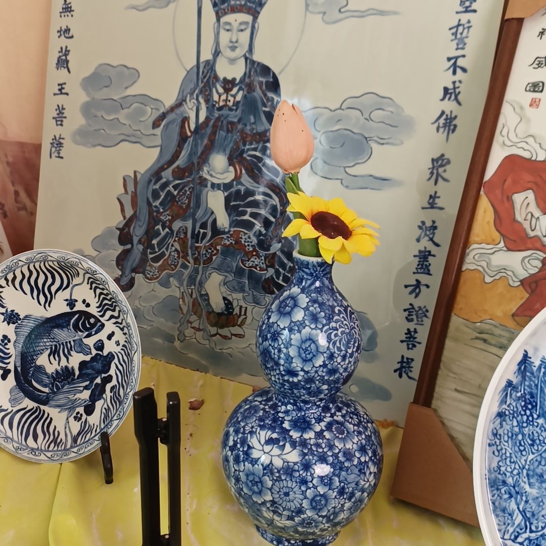 绿***叶景德镇手绘釉下彩绘画