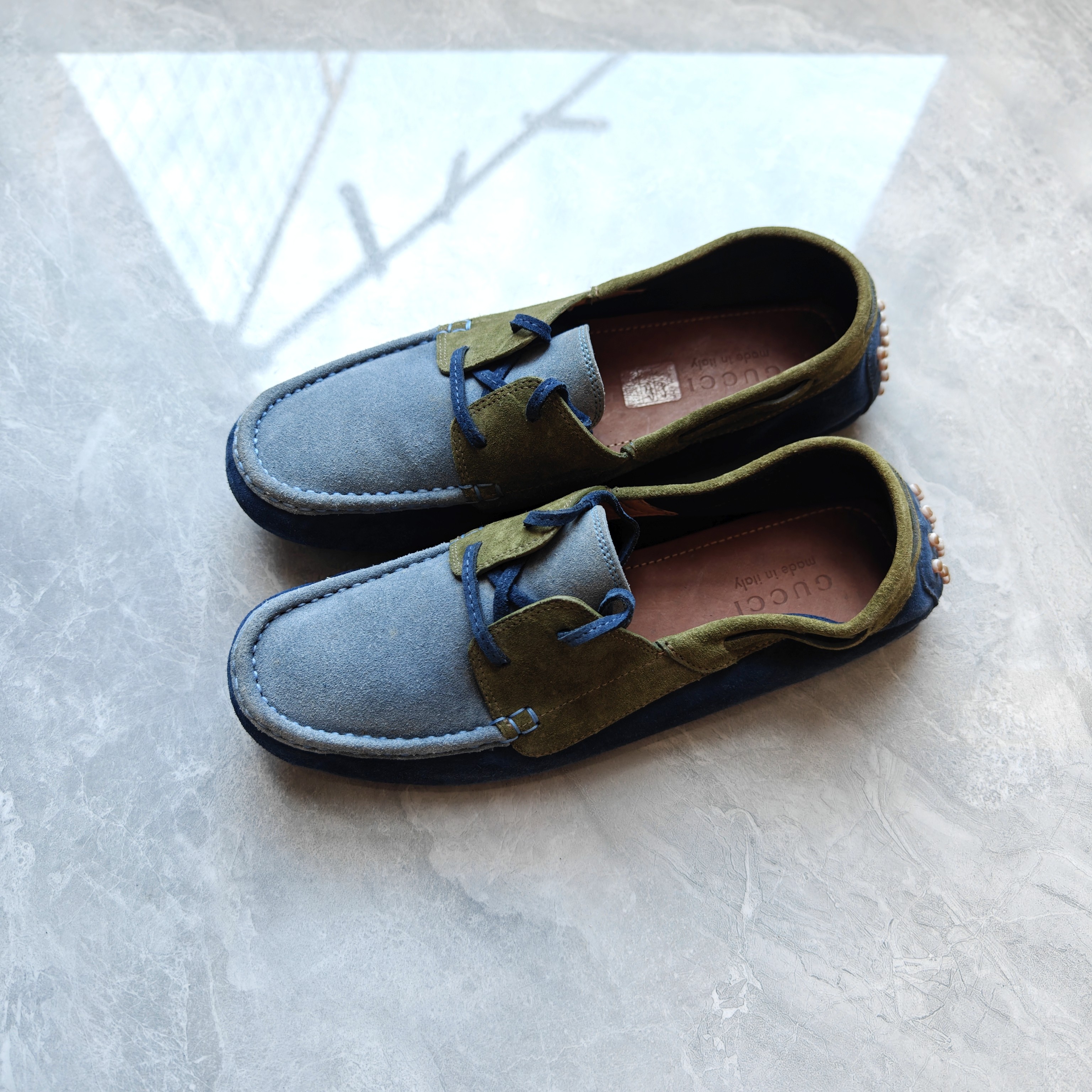 99新 GUCCI/古驰 42.5码/经典款双G拼色低帮乐福鞋豆豆鞋/无盒