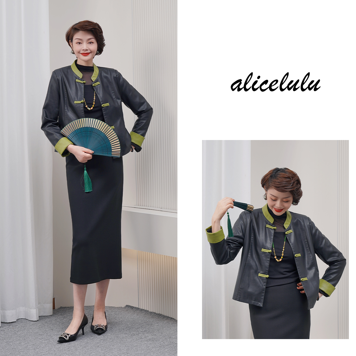 [alicelulu]新中式国风显瘦拼色立领皮衣外套S2144912Ur