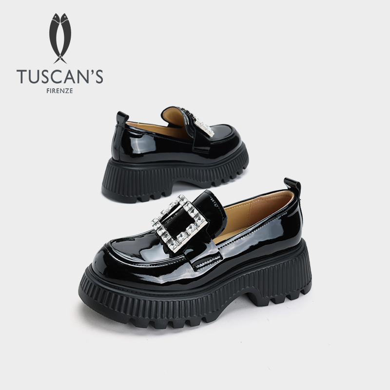 TUSCAN'S【双十二】厚底增高真皮秋季单鞋水钻粗跟乐福鞋休闲英伦风
