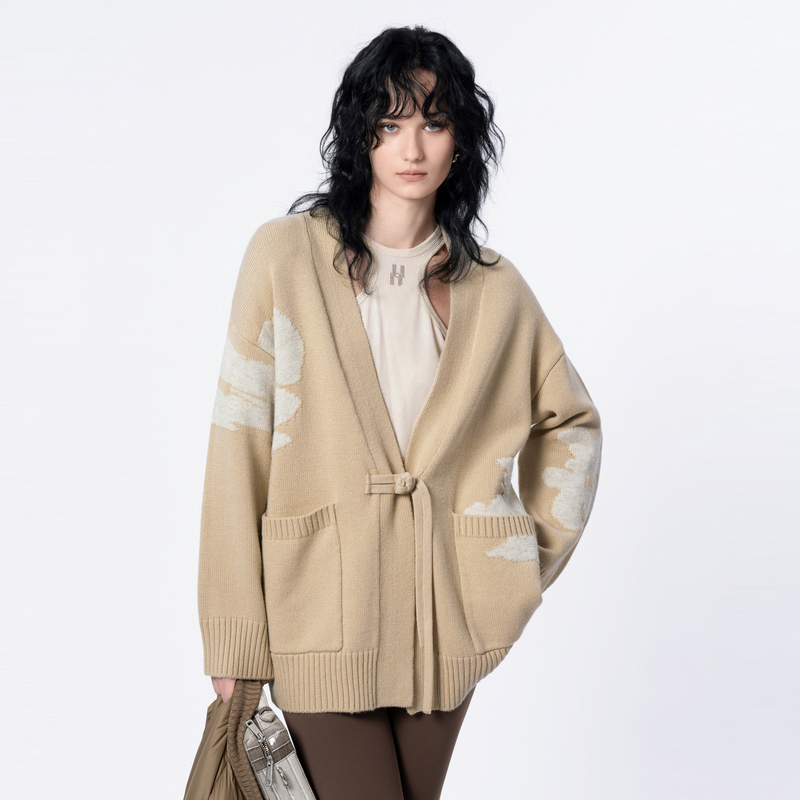 U/TI卡其色新中式绵羊毛开衫女装盘扣针织衫上衣