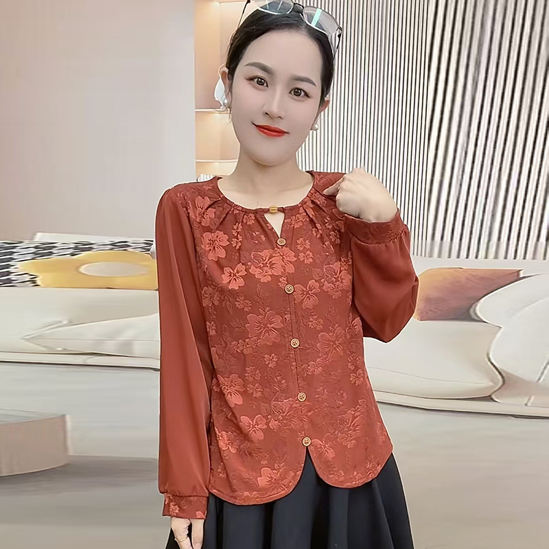 春秋季新款打底衫女洋气修身显瘦长袖上衣服中国风妈妈装提花小衫