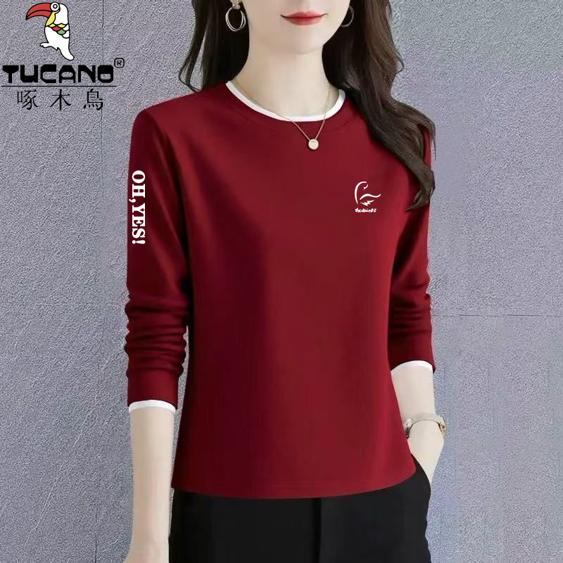 啄木鸟纯棉秋冬内搭中年长袖t恤女士打底衫新款韩版洋气正肩上衣