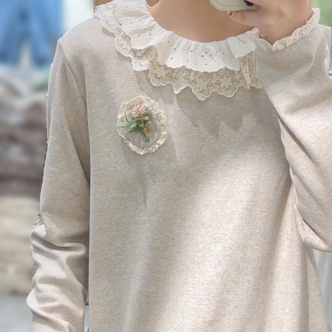 森女系彩棉百搭蕾丝花边打底衫
