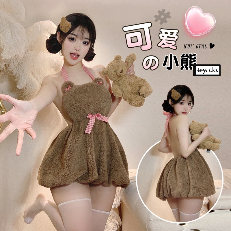 语之魅（80-150斤）小熊穿搭女生性感睡衣新款春高级感冰丝蕾丝睡衣