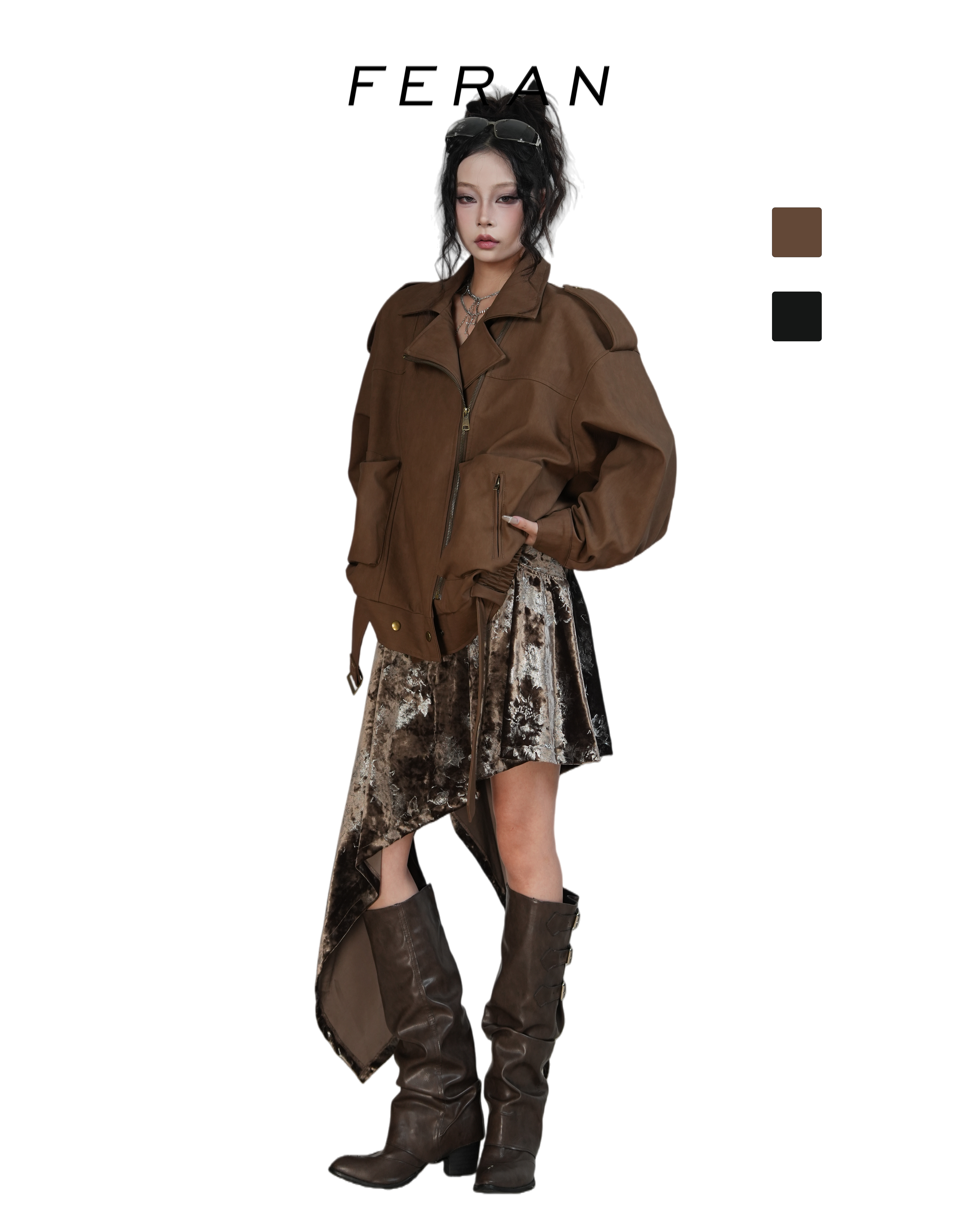 FERAN/菲然百搭翻领宽松慵懒风春秋时尚皮衣夹克外套 91209