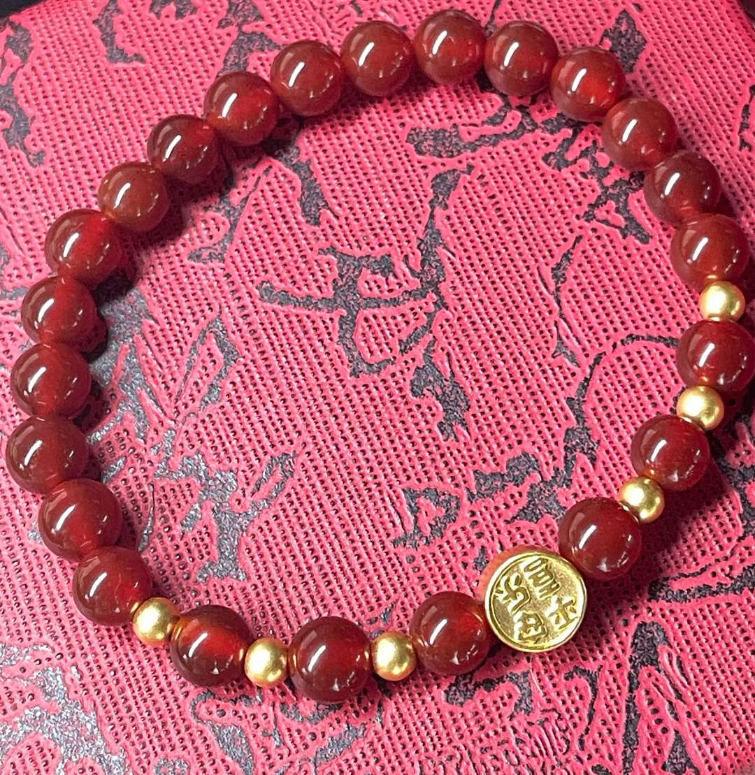 （2）足金平安喜乐圆牌+3.5mm金珠6颗（赠卡六红玛 瑙/玉 髓手串@043