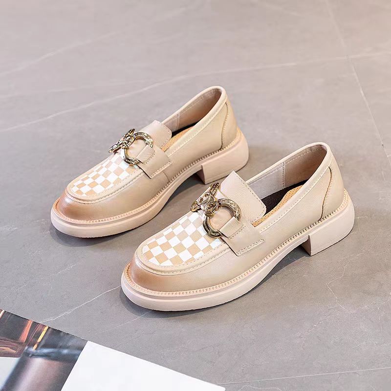 2036 英伦风小皮鞋舒适粗跟棋盘格乐福鞋金属扣单鞋